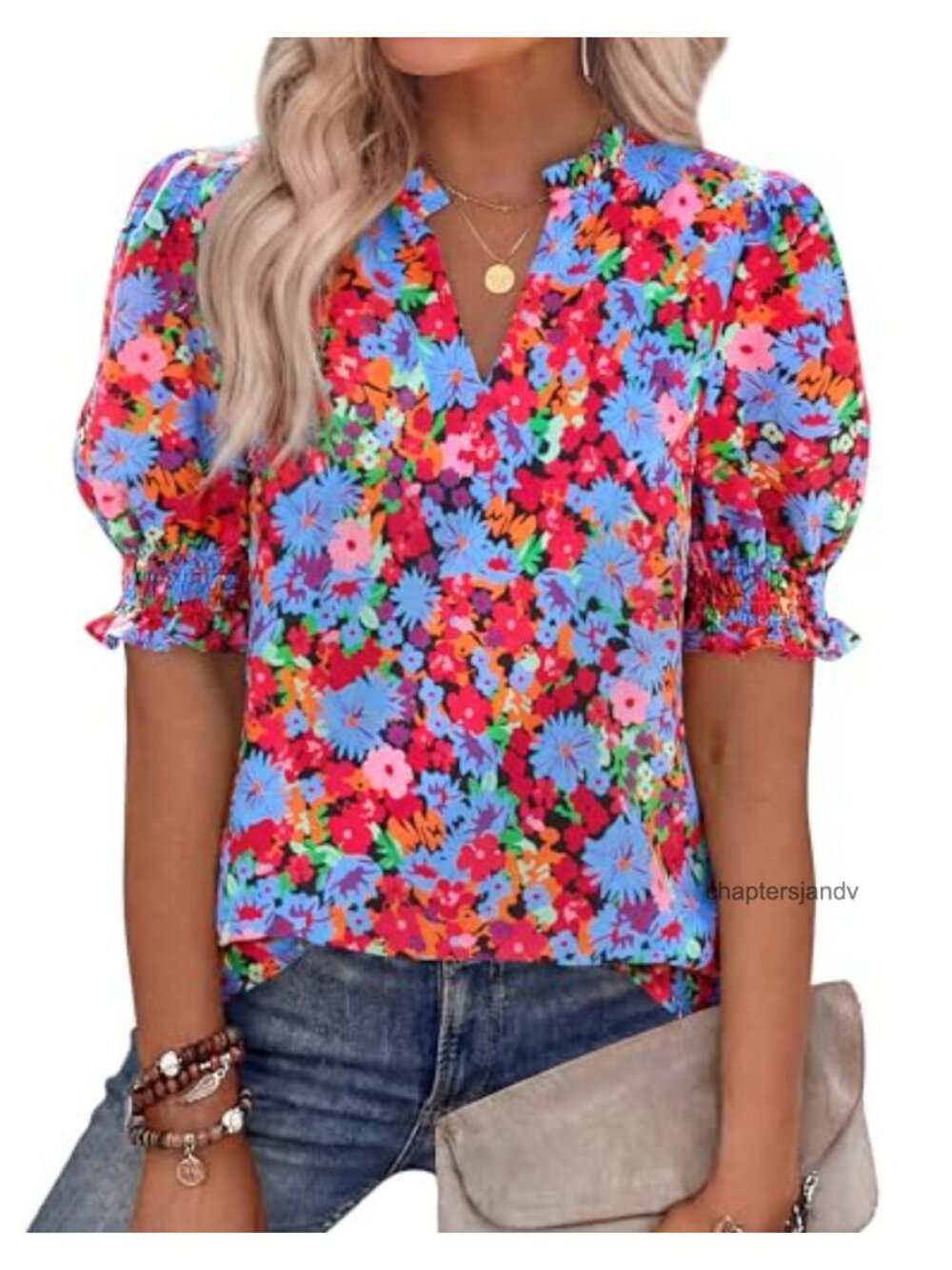 Women's Boho Floral Puff Sleeve Blouse V-Neck Smocked Cuff Short Sleeve Summer